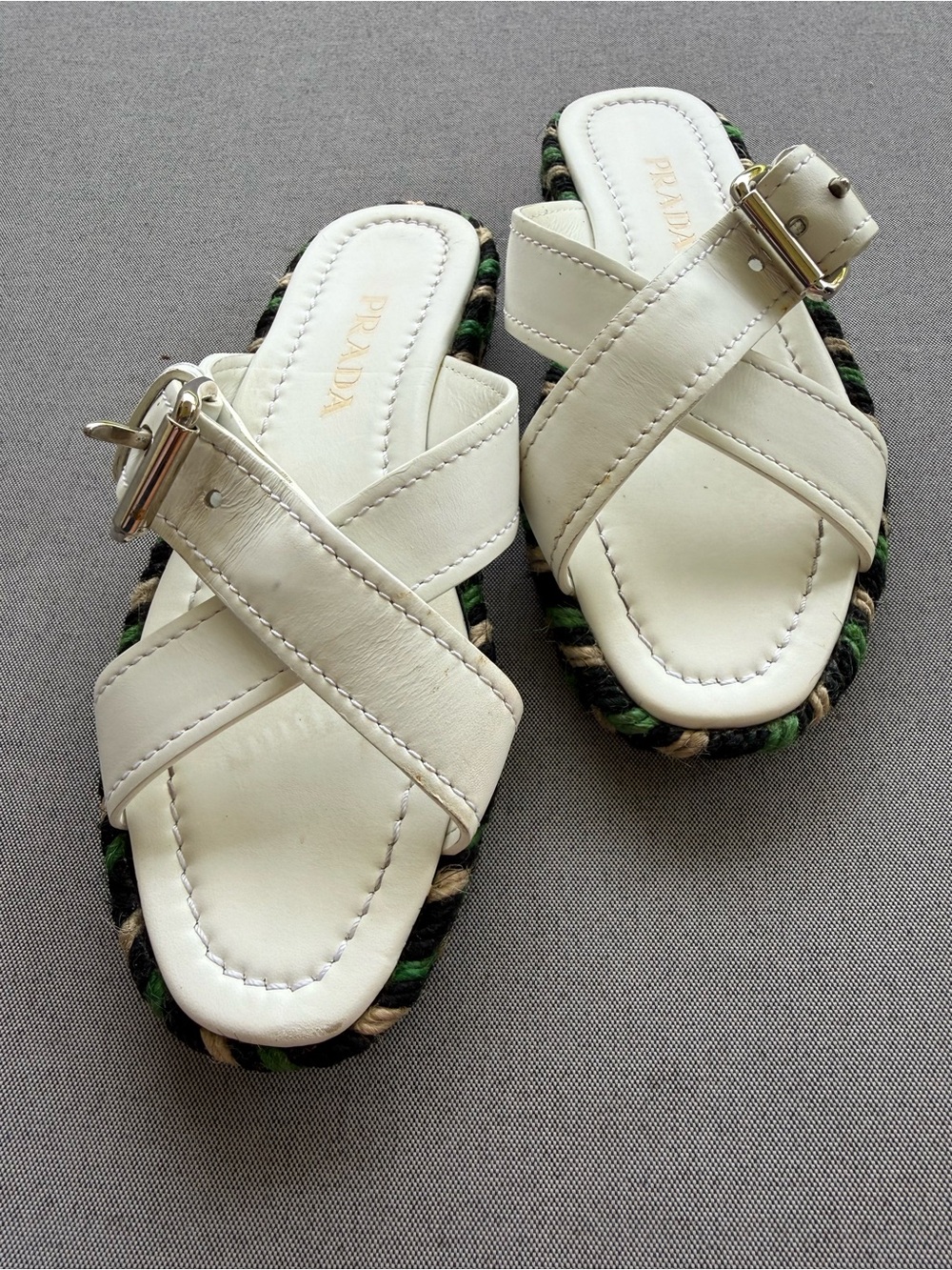 Prada White Leather Cross-Strap Buckle Slide Sandals Sz 5.5 slide Braided trim
